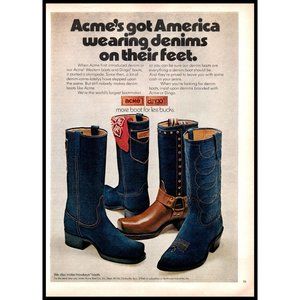 1974 Acme Dingo Denim Boots Vintage Print Ad Urban Cowbay Disco Wall Art Decor